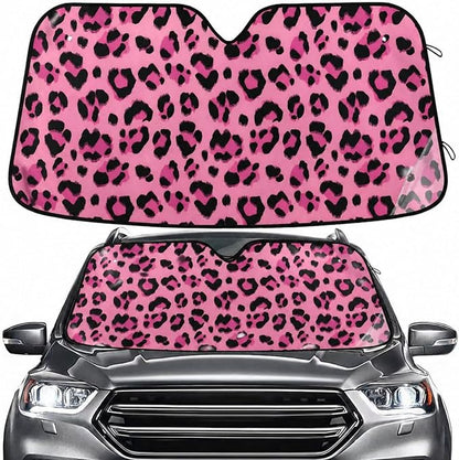 Hot Pink Black Leopard Print Windshield Sun Shade for Car Auto SUV Truck Foldable Front Window Sunshade Sun Visor Protector Block UV Rays Reflect Heat, 55" x 28"
