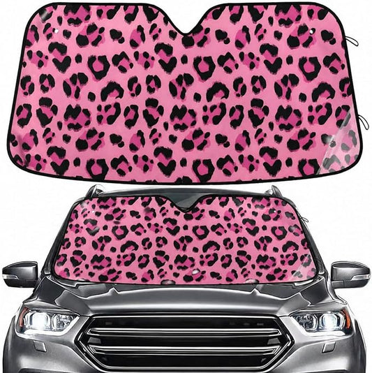Hot Pink Black Leopard Print Windshield Sun Shade for Car Auto SUV Truck Foldable Front Window Sunshade Sun Visor Protector Block UV Rays Reflect Heat, 55" x 28"