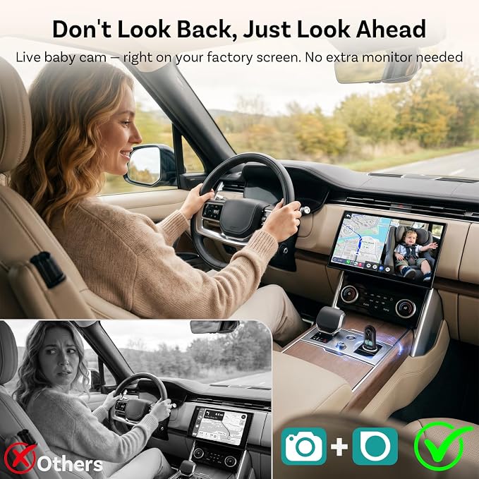 OTTOCAST Cabin Care 2-in-1 Baby Car Camera & Wireless CarPlay Adapter, 1080P Rear Seat View on Car Screen, No Extra Screen, No-Glow Night Vision, 150° Wide Angle, Easy Install, No Android Support