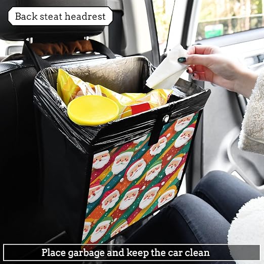 Car Trash Can Organizer Bin with Adjustable Strap for Back Front Seat Console Waterproof Leakproof Collapsible Portable 11 Inch Colorful Diagonal Striped Santa Claus