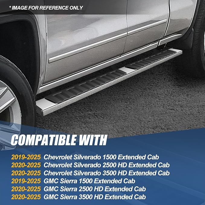 Auto Dynasty 6.75" Running Boards Compatible with 2019-2026 Chevy Silverado GMC Sierra 1500 2500HD 3500HD Extended Double Cab, Stainless Steel Nerf Bar, Chrome Side Step