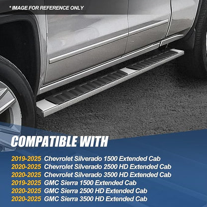 Auto Dynasty 6.75" Running Boards Compatible with 2019-2026 Chevy Silverado GMC Sierra 1500 2500HD 3500HD Extended Double Cab, Stainless Steel Nerf Bar, Chrome Side Step