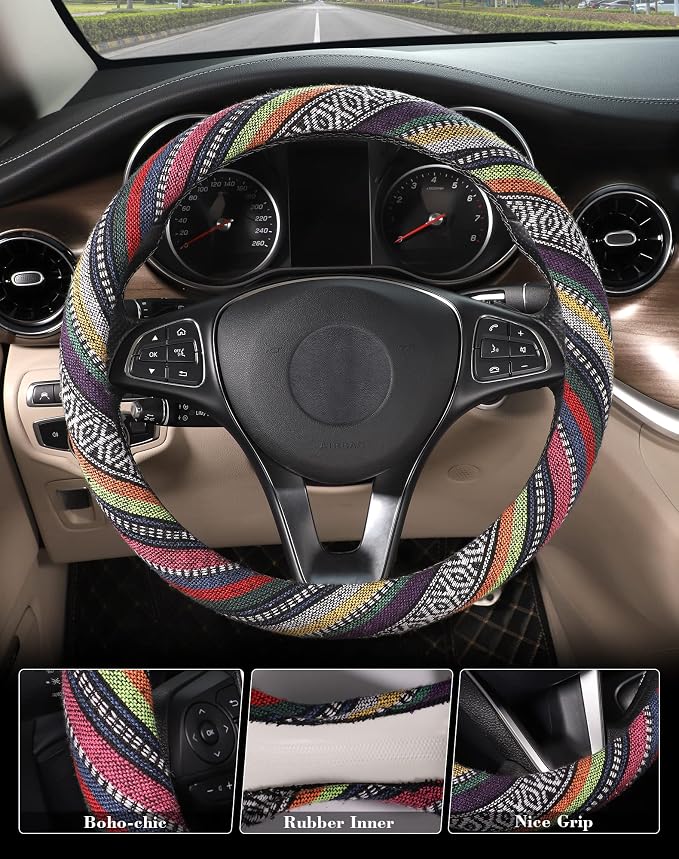 SEG Direct Boho Steering Wheel Cover with Baja Blanket Cloth, Ethnic Style Auto Wheel Cover Made of Coarse Flax, Fits 14 1/2-15 1/4 inches Car Wheel