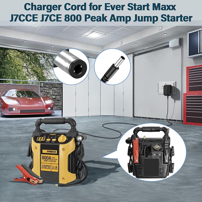 12V Jump Starter Charger for EverStart Maxx Car Camo Jump Starter, Power Cord AC Adapter for Ever Start Max J7CCE J7CE 800A 800 Peak Amp Car Camo Starter Battery with 120 PSI Compressor 3 USB Ports