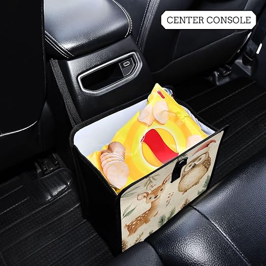 Car Trash Can Organizer Bin with Adjustable Strap for Back Front Seat Console Waterproof Leakproof Collapsible Portable 8.66 Inch Christmas Deer Owl Pinecorns Leaves Beige