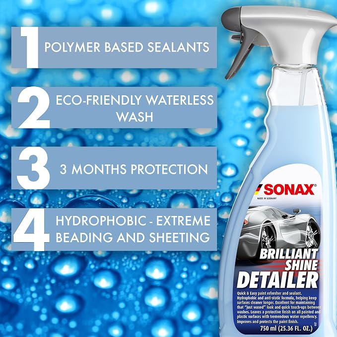 SONAX Brilliant Shine Detailer 287400 | High-Gloss Quick Detailer | Enhances Paint Shine, Luster & Slickness | Water-Repellent Protection | Waterless Wash | Removes Dust & Light Contaminants | 750ml