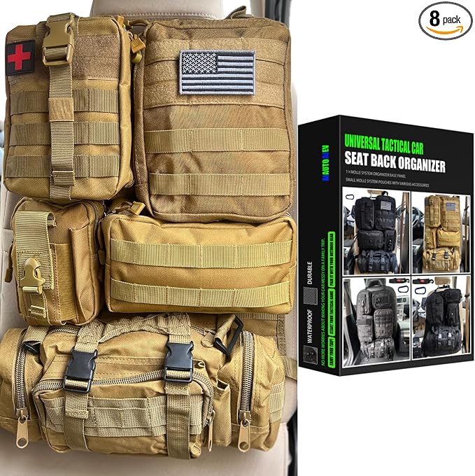 7 PACK Tactical Seat back organizer Truck organizer With 6 Detachable Pouches Universal For Car Truck Ford Jeep Military-Grade Heavier Panels With Multi-functional Packs (khaki)