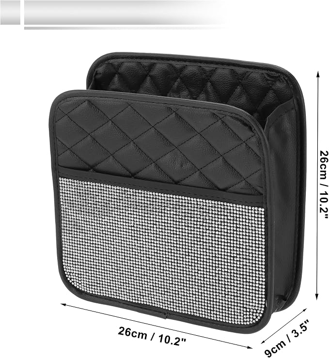 1 Pcs Universal Car Trash Can Hanging 10.2" Length 3.5" Width 10.2" Height Trash Bin Silver Tone Black Faux Leather Rhinestone