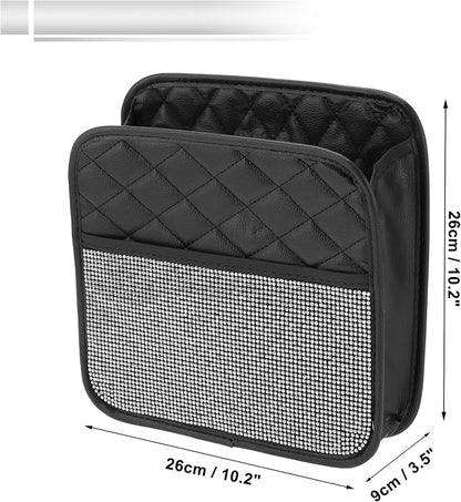 1 Pcs Universal Car Trash Can Hanging 10.2" Length 3.5" Width 10.2" Height Trash Bin Silver Tone Black Faux Leather Rhinestone