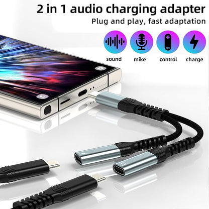 USB C Splitter(2in1)Type C to Headphone Adapter for Iphone 17 16 15 Pro Max Charger Cable Jack DAC Audio Dongle Dual Charging Aux Cord for Apple Fast Multi Port Car Headset Compatible for Samsung S25