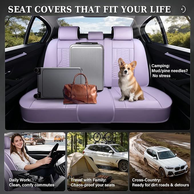 Coverado Car Seat Covers Full Set, Nappa Leather Seat Covers for Cars, Waterproof Automotive Car Seat Covers Interior Accessories Universal Fit Most Sedans, SUVs, Pick-up Trucks (Purple)