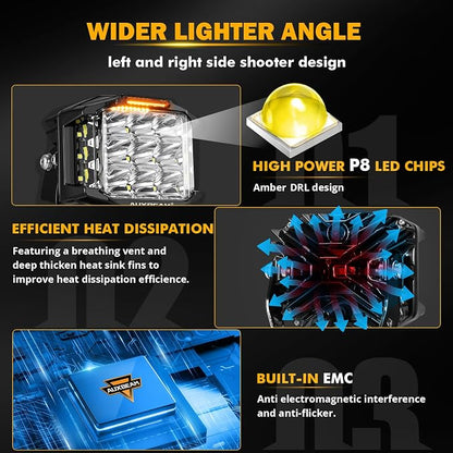 Auxbeam 5" 168W LED Cube Pods Offroad Driving Light with Amber Covers, 16440LM Bright Square Offroad Lights with Side Shooter 270° Combo Beam Ditch Light, DRL for Jeep ATV Wrangler Ford Truck Pickup