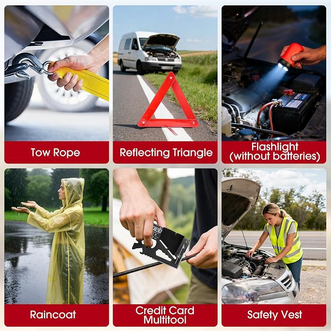 Roadside Car Emergency Kit, Winter Car Safety Kit with 10FT Jumper Cables, Tow Strap, Tool Kit, Reflective Warning Triangle, Road Trip Essentials, for New Drivers, Teens
