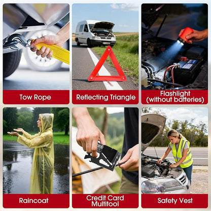 Roadside Car Emergency Kit, Winter Car Safety Kit with 10FT Jumper Cables, Tow Strap, Tool Kit, Reflective Warning Triangle, Road Trip Essentials, for New Drivers, Teens