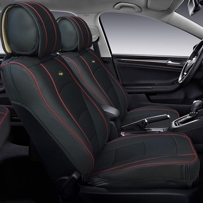 FH Group Front Set Faux Leather Car Seat Cushions - 2 Pack Seat Covers for Cars Trucks, SUV, Waterproof Car Seat Cover, Universal Fit, Black Red Trim