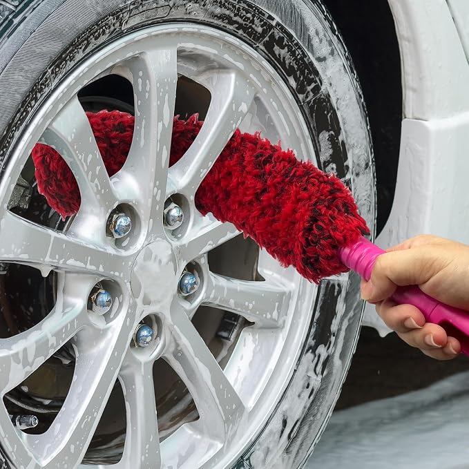 4 Pack Car Wheel Brush Kit - Soft, Scratch-Free Microfiber & Synthetic Wool Cleaning Brushes for Tires, Rims, Fenders, Engine, Exhaust Tips