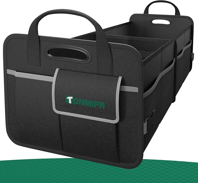 2-Compartment Trunk Organizer & Multi-Compartment Storage Box 600D Waterproof Oxford, with Reflective Strips and 8 Side Mesh Pockets for SUV, Sedan, Minivan- Heavy-Duty Car Organiser(65L)