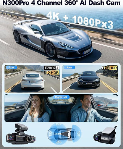 4K STARVIS 2 Dash Cam Front Rear, 5.8GHz WiFi 20MB/s Download, Free 64GB Card, 4 Channel 360° Dash Camera, 3" Touch Screen, AI Driver Monitor System, WDR Night Vision,HDR GPS,24H Parking Mode(N300Pro)