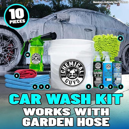 Chemical Guys 10-Piece Arsenal Builder Car Wash Kit with Foam Gun, Bucket, and 3 - 16 fl oz Car Care Products & Chemicals - Works with Garden Hose for Trucks, SUVs, Motorcycles, and More