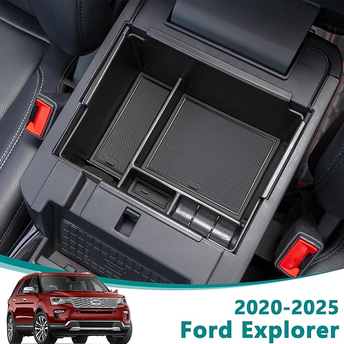 TOPINSTALL Black Center Console Organizer Tray Compatible with 2020-2026 Ford Explorer Accessories, Deep Armrest Storage Box with Coin Holder & Non-Slip Mats, 6th Gen Explorer Accessories