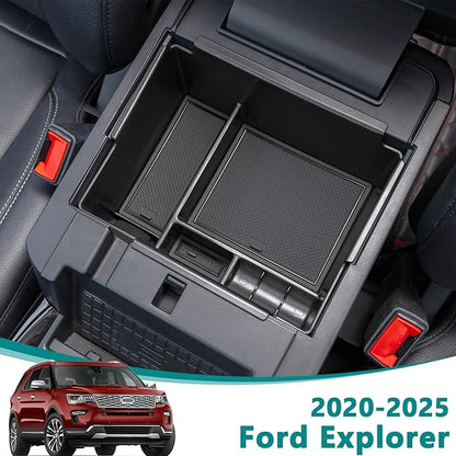 TOPINSTALL Black Center Console Organizer Tray Compatible with 2020-2026 Ford Explorer Accessories, Deep Armrest Storage Box with Coin Holder & Non-Slip Mats, 6th Gen Explorer Accessories