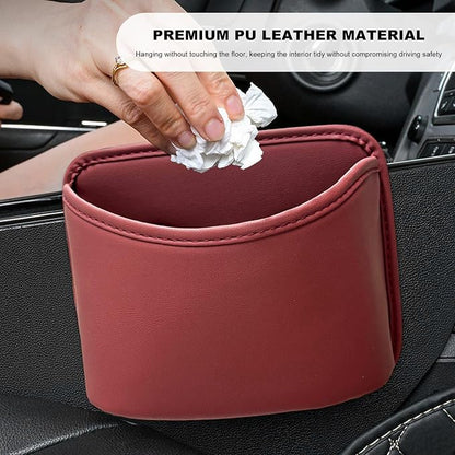 Car Trash Can, Clip On Garbage Organizer Multifunctional Car Door Hanging Container, Waterproof Leather Trash Bin Universal Interior Storage Box for Vehicle Home Office (Wine Red)
