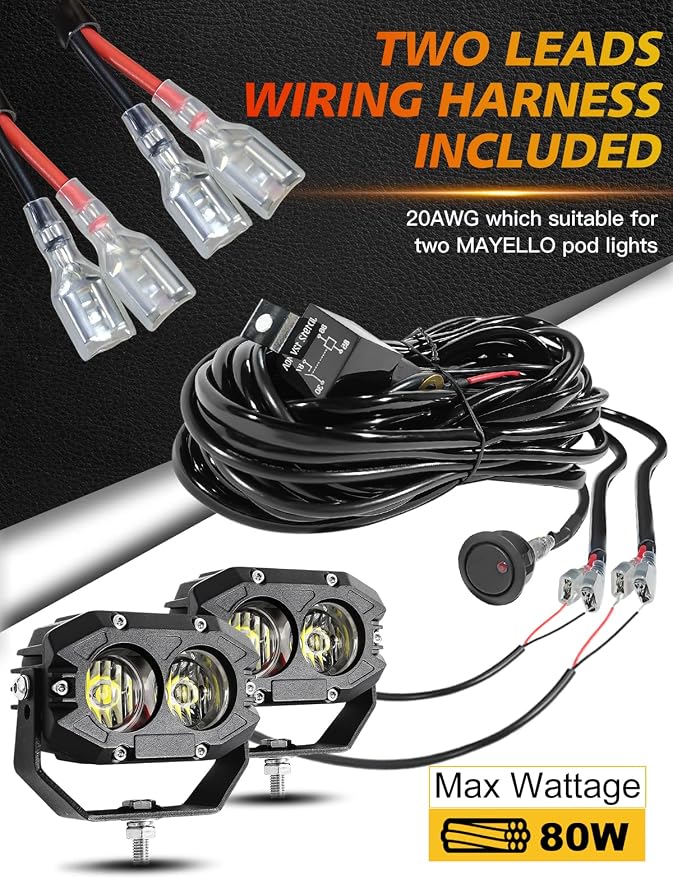 MAYELLO 4 Inch Led Pods 60W Flood Lights Corrugated Lens Led Offroad Driving Light Fog Light with Pod Light Wiring Harness Compatible with Wrangler Truck Pickup SUV ATV UTV Motor Car Boat