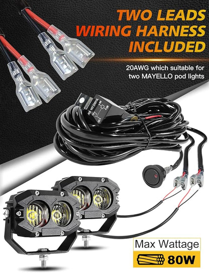 MAYELLO 4 Inch Led Pods 60W Flood Lights Corrugated Lens Led Offroad Driving Light Fog Light with Pod Light Wiring Harness Compatible with Wrangler Truck Pickup SUV ATV UTV Motor Car Boat