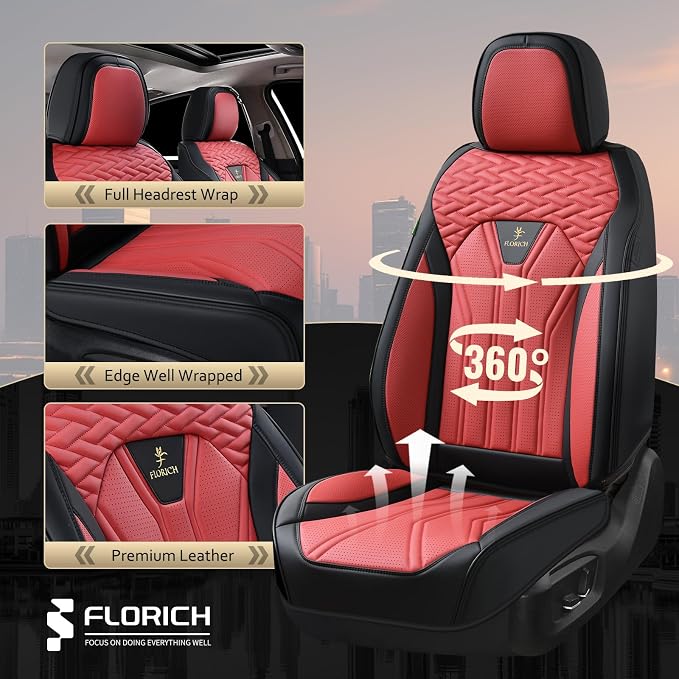 FLORICH Leather Seat Covers, Car Seat Covers Full Set, Car Seat Protectors 5 Seats, Automotive Seat Covers Driver Seat Covers Fit for Most Cars Trucks SUV-Black&Burgundy