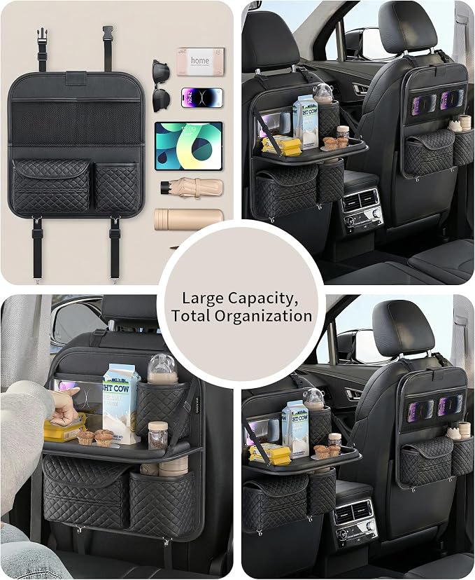 PU Leather Backseat Car Organizer with Foldable Tray & Tablet Holder, Luxury Diamond Stitching Design, Universal Car Seat Storage Organizer for Kids & Family Travel Accessories, Black