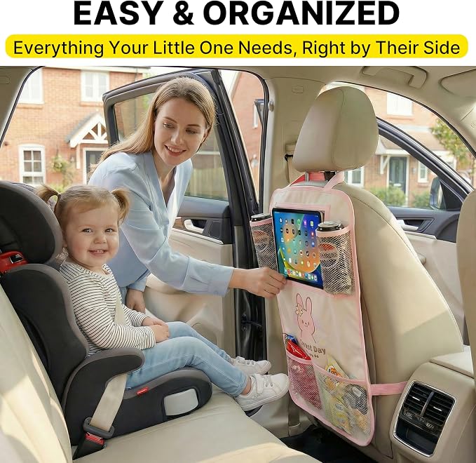 Backseat Car Organizer for Kids, Car Seat Organizer with 11” Touch Screen Tablet Holder, Rear Seat Storage Bag with Drink Pockets, Anti-Kick Seat Back Protector for Travel (Pink Rabbit)