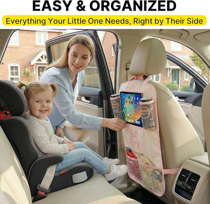 Backseat Car Organizer for Kids, Car Seat Organizer with 11” Touch Screen Tablet Holder, Rear Seat Storage Bag with Drink Pockets, Anti-Kick Seat Back Protector for Travel (Pink Rabbit)