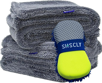 SHSCLY 2-Pack Double-Sided Microfiber Car Drying Towel Gray 18 x 23 in | Dual-Sided Design, Includes Figure-8 Car Wash Sponge, Paint Safe, Lint-Free, Machine Washable
