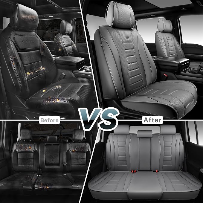 CAR PASS Nappa Leather Seat Covers, Universal FIT Piping Leather Car Seat Covers Full Set for Cars,SUV,Truck 3D Foam Waterproof Luxury Seat Covers 5 Seats, Comfort Durable Airbag Compatible All Gray