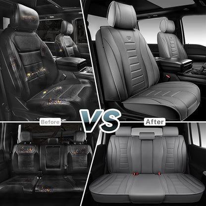 CAR PASS Nappa Leather Seat Covers, Universal FIT Piping Leather Car Seat Covers Full Set for Cars,SUV,Truck 3D Foam Waterproof Luxury Seat Covers 5 Seats, Comfort Durable Airbag Compatible All Gray