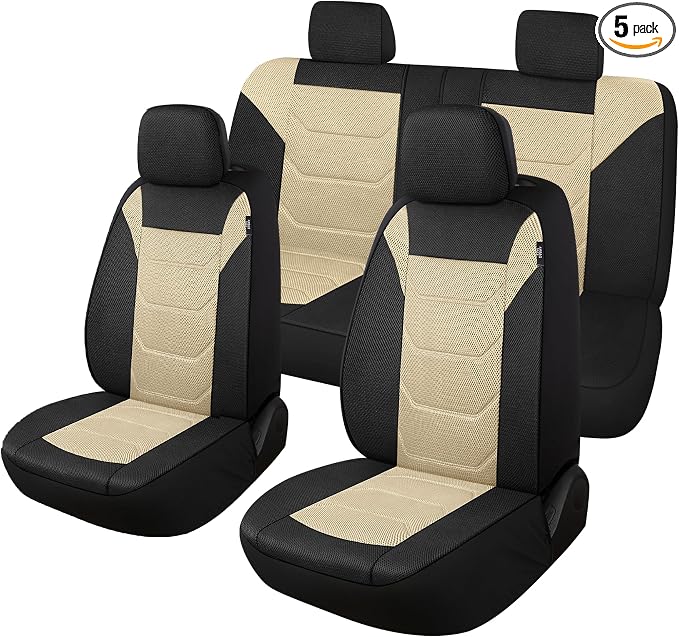 Pariiaotin 3D Air Mesh Car Seat Cover Full Sets Washable and Breathable Premium Cloth Automotive Vehicle Seat Covers for Cars Interior, Universal Fit for Most Cars, Sedan, Truck, SUV(Black/Beige)