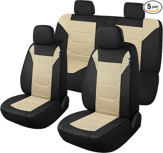 Pariiaotin 3D Air Mesh Car Seat Cover Full Sets Washable and Breathable Premium Cloth Automotive Vehicle Seat Covers for Cars Interior, Universal Fit for Most Cars, Sedan, Truck, SUV(Black/Beige)