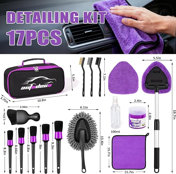 Windshield Cleaner Tool, 17Pcs Car Interior Detailing Kit, Detailing Brush, Towels, Duster, Car Cleaning Kit Interior for RVs, Truck, Trailer (Purple)