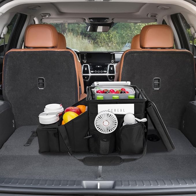 Car Hop Front Seat Organizer with Cup Holder, Movable Divider & Side Pockets, Passenger Seat Storage Caddy for Road Trip, Travel, Work or Kids, Fits Cars Trucks SUVs