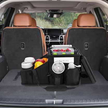 Car Hop Front Seat Organizer with Cup Holder, Movable Divider & Side Pockets, Passenger Seat Storage Caddy for Road Trip, Travel, Work or Kids, Fits Cars Trucks SUVs