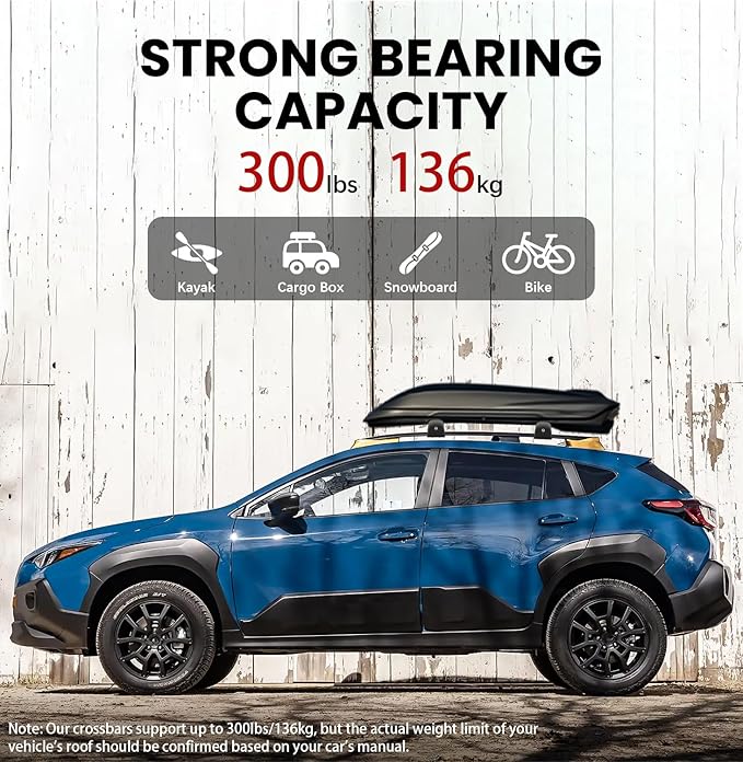 300lbs Roof Rack Cross Bars Compatible with Subaru Crosstrek Wilderness 2024 2025 2026 & Volkswagen Tiguan 2018-2026 & Taos 2022-2026 Aluminum Lockable Roof Rails Crossbar for Bike Kayak Cargo