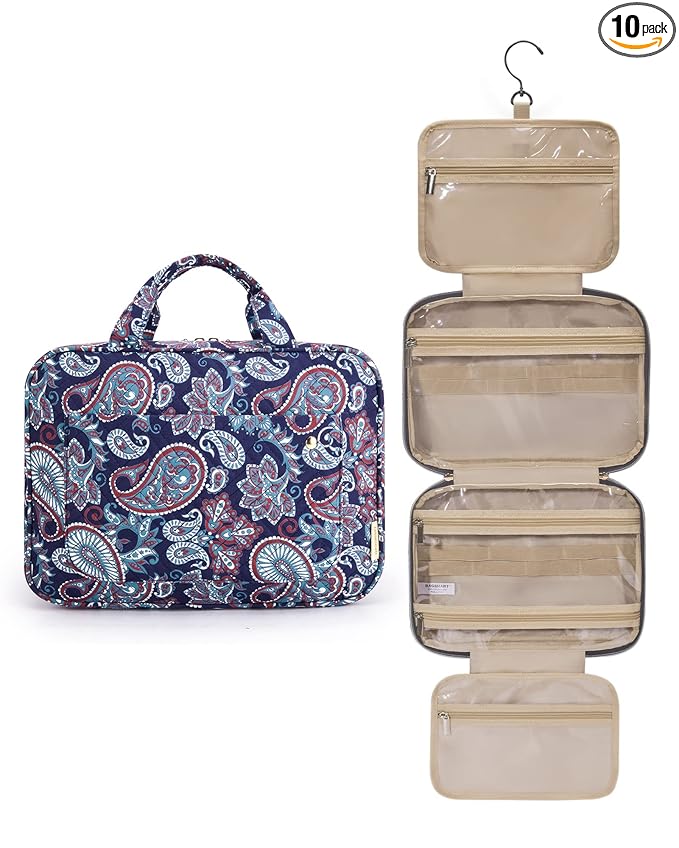 BAGSMART Toiletry Bag Travel Bag with Hanging Hook, Water-resistant Makeup Cosmetic Bag Travel Organizer for Accessories, Shampoo, Full-size Container, Toiletries (Red Paisley, Large)