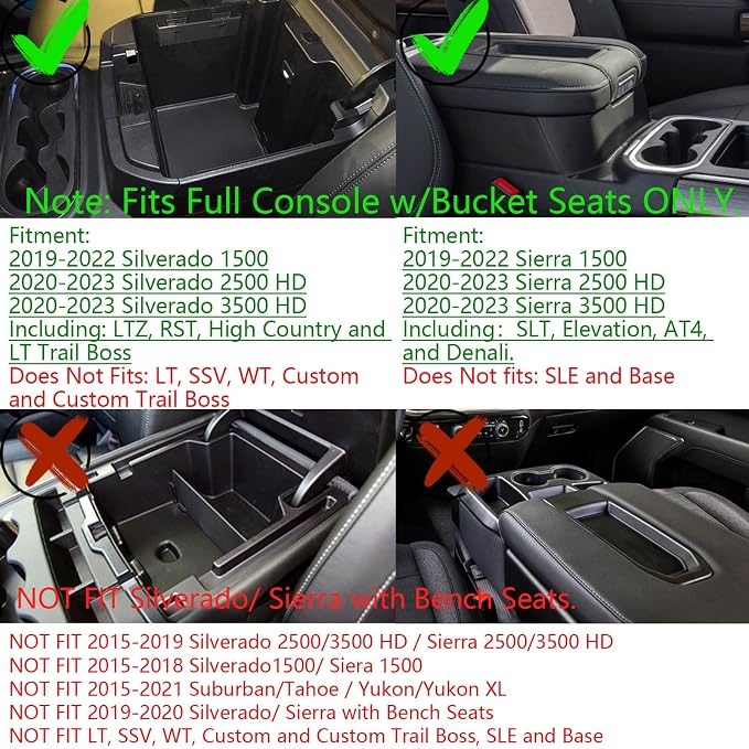 Full Size Center Console Organizer Tray Compatible with 2019-2022 Chevy Silverado/GMC Sierra 1500 and 2020-2022 2023 Silverado/Sierra 2500HD 3500HD Accessories -Full Console w/Bucket Seats ONLY, Black