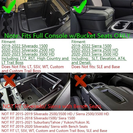 Full Size Center Console Organizer Tray Compatible with 2019-2022 Chevy Silverado/GMC Sierra 1500 and 2020-2022 2023 Silverado/Sierra 2500HD 3500HD Accessories -Full Console w/Bucket Seats ONLY, Black
