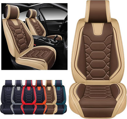 OASIS AUTO Car Seat Covers Front Seats, Sporty Honeycomb Waterproof Faux Leather Protectors, Universal Fit for SUV, Sedan, Truck Interior Accessories (OS-004 Coffee)