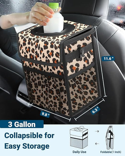 Capolo Car Trash Can with Lid, Leakproof Car Trash Bag Hanging Waterproof Automotive Garbage Can with Storage Pockets Mini Vehicle Trash Bin for Back/Front Seat(Leopard,3 Gallon)