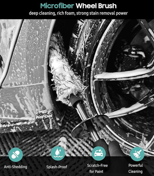 YeewayVeh 3PCS Wheel Cleaning Brush, Microfiber Flat Wheel Rim Cleaner Brush with 2 Extra Replaceable Cover, Car Cleaning Brush Kit for Wheels Tire Fenders Engine Exhaust Tips, Black&White