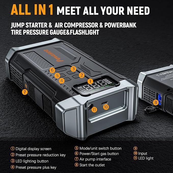 [2026NEW Model] 5000A Jump Starter with Air Compressor,Car Jumper Starter Portable with 150PSI Tire Inflator 12V Jump Box with LCD Display,Flashlight,Storage Case (Up 9L Gas/8L Diesel Engine