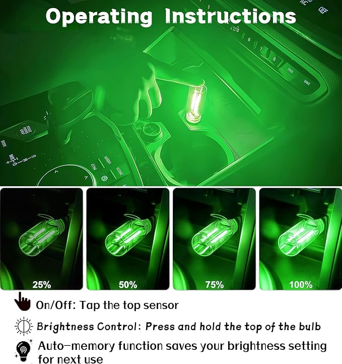 LED Car Interior Light, Touch Control USB Night Lamp, Retro Style Ambient Lighting for Auto, Bedroom, Desk (Green Light)