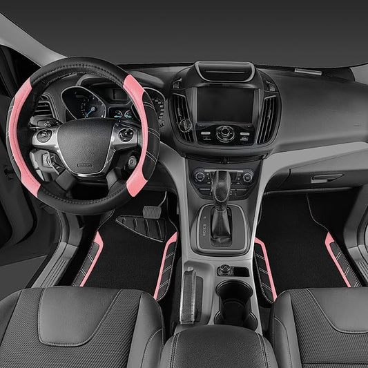 CAR PASS Microfiber Steering Wheel Cover and Waterproof Car Floor Mats,Leather Universal Car Combo Fit for 95% Truck,SUV,Cars,14.5-15inch Sporty Anti-Slip Safety Comfortable Design(Black and Pink)
